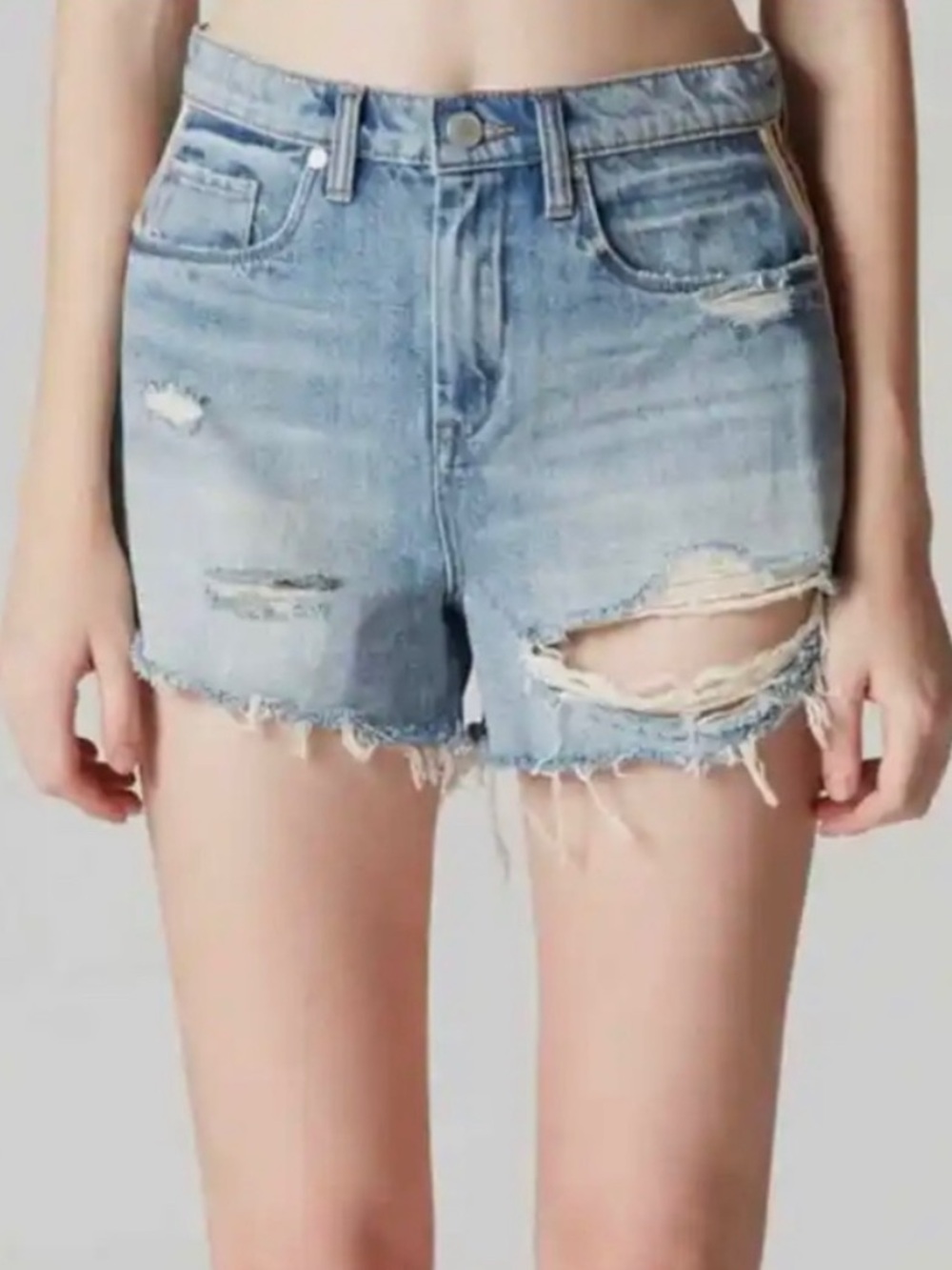 Blank NYC Light Blue Distressed Denim Shorts with Rainbow Side Tape